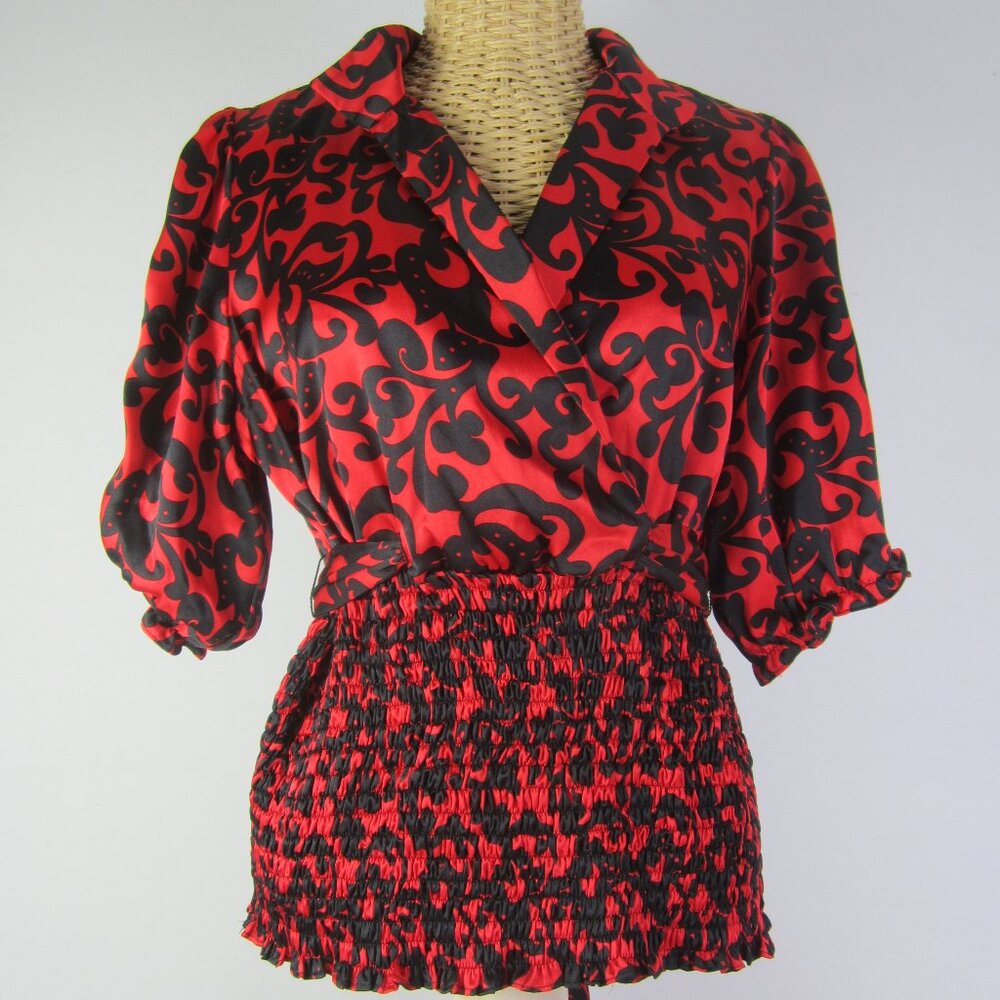 INC International Concepts Women 12P 12 P Red Black Floral Silk SS Shirt Ties